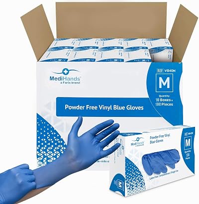 Farla Medical MediHands Blue Vinyl Medium Exam Gloves 1000ct Powder Free Latex