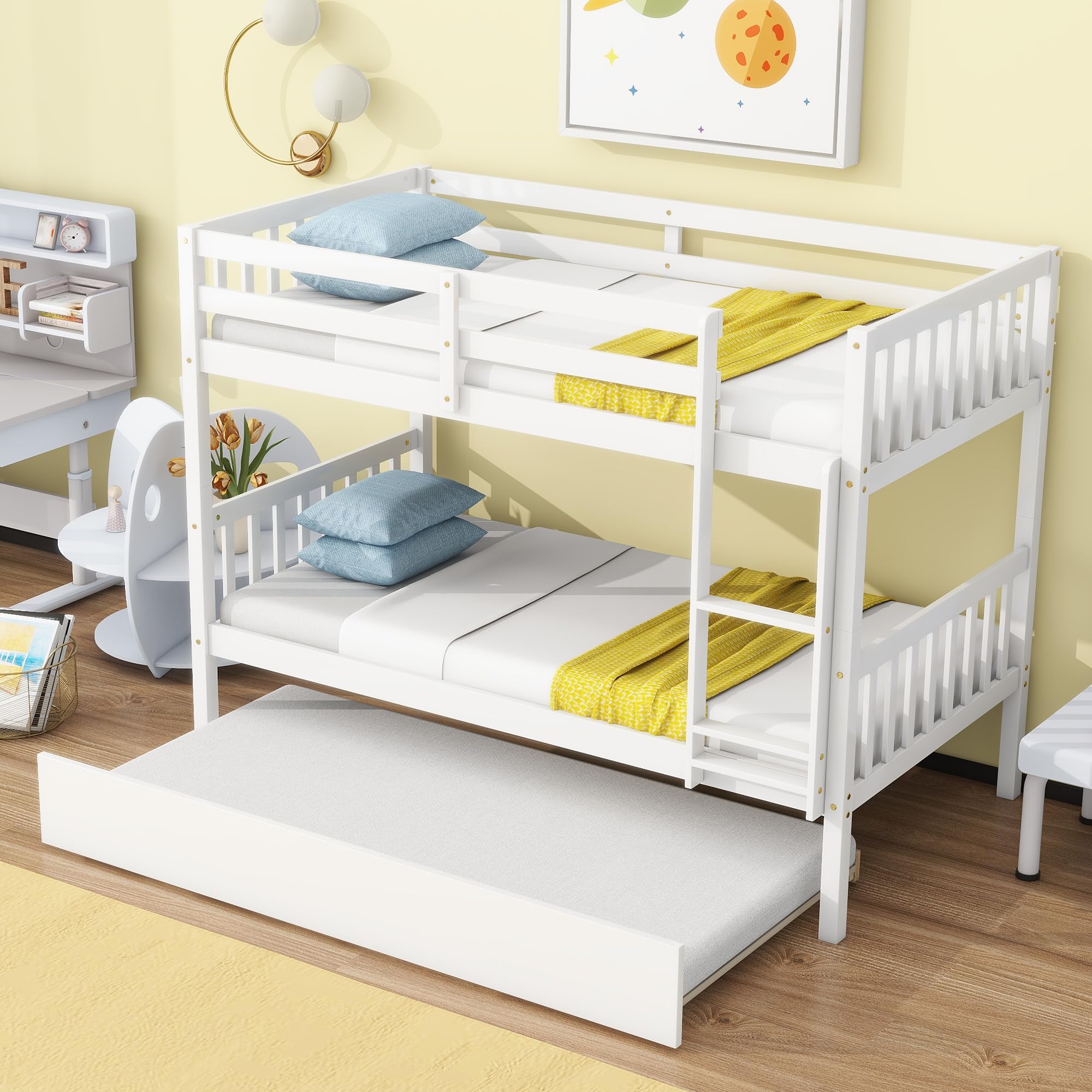 Photo 1 of ***PARTS ONLY***
UOCFYK Twin Over Twin Wood Bunk Bed with Trundle for Kids Boys Girls,Solid Wood Bedframe w/Ladder & Safety Guardrails, Convertible into Twin Size Beds,No Box Spring Needed, White