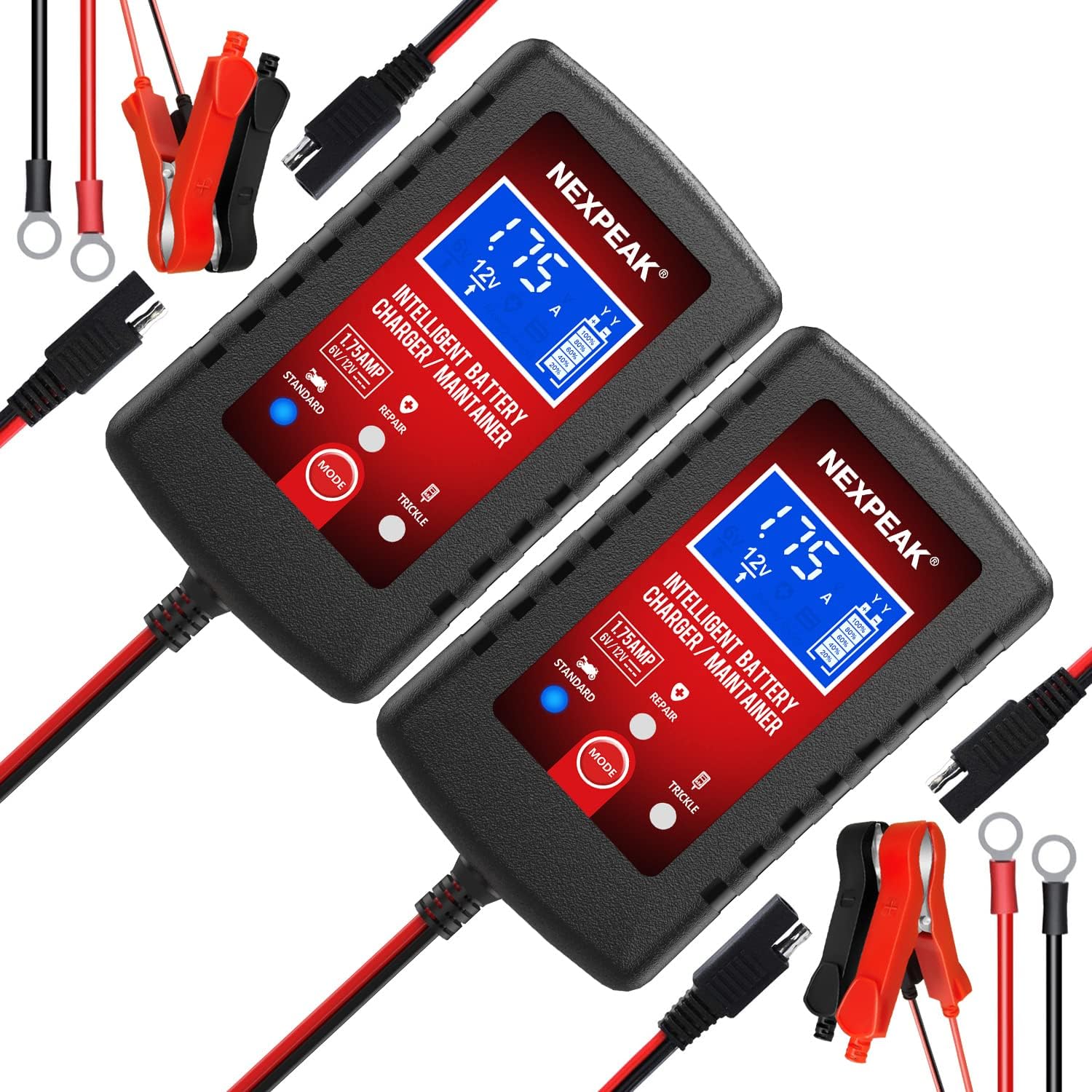 [2-Pack] 1.75A Car Battery Charger, 6V and 12V Smart Fully Automatic Battery Charger Maintainer, Trickle Charger, Battery Desulfator for Car, Lawn Mower, Motorcycle, Boat, Marine Lead Acid Batteries