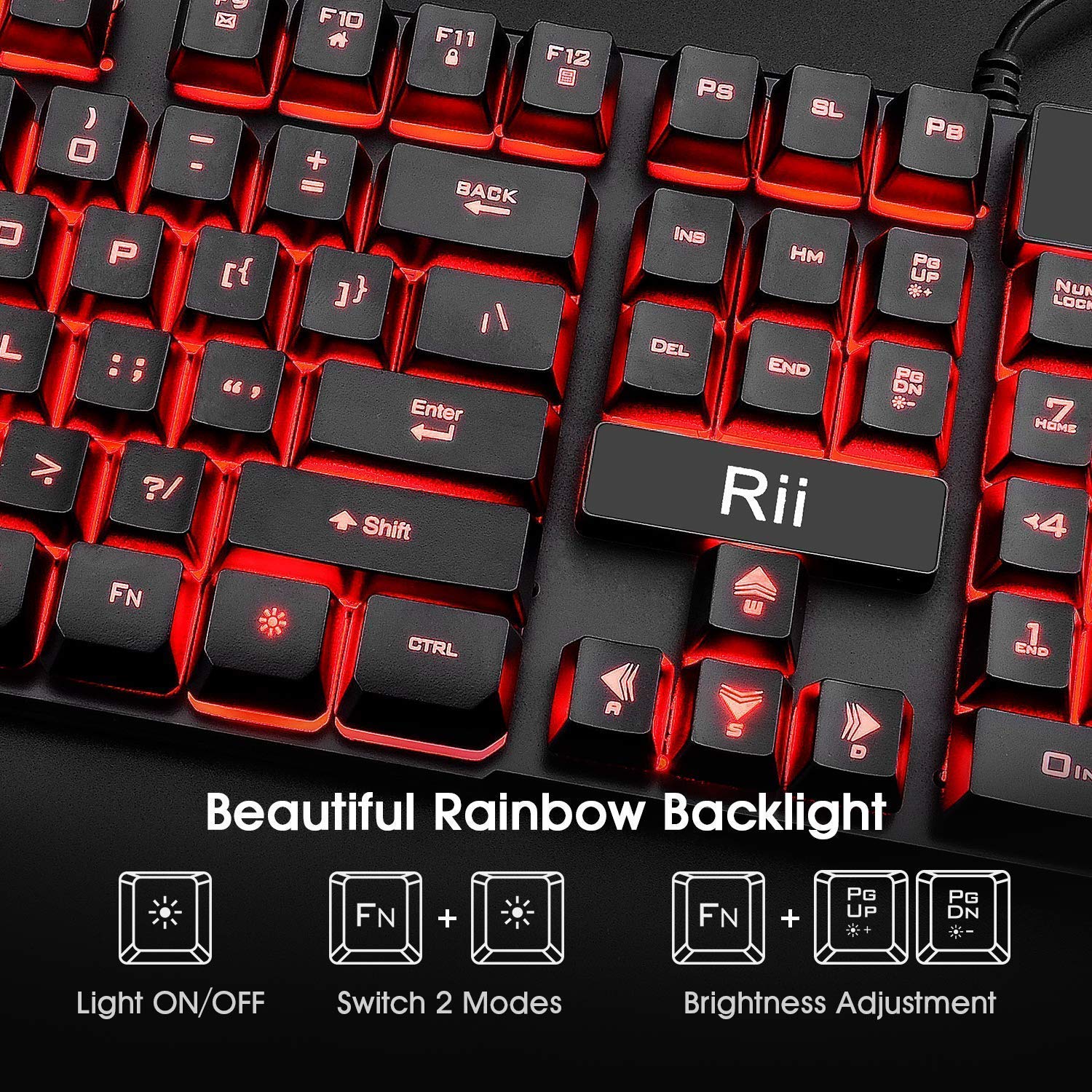 Rii RK100 3 Colors LED Backlit Mechanical Feeling USB Wired Multimedia Gaming Keyboard, Office Keyboard for Working or Primer Gaming,Office Device