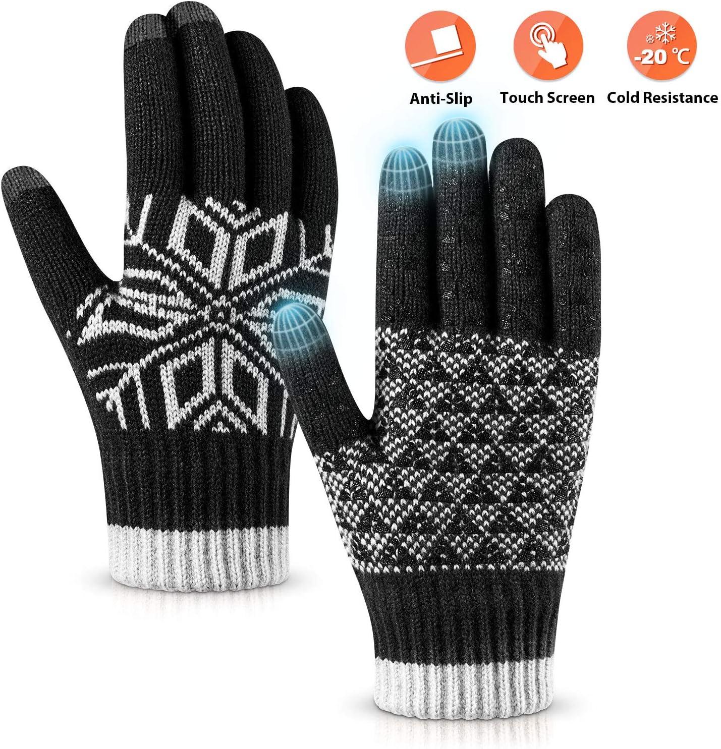 Pvendor Winter Gloves Touch Screen Warm Knit Gloves, Soft Wool Lining Elastic Cuff, Anti-Slip Rubber Design Warm Gloves for Men Women