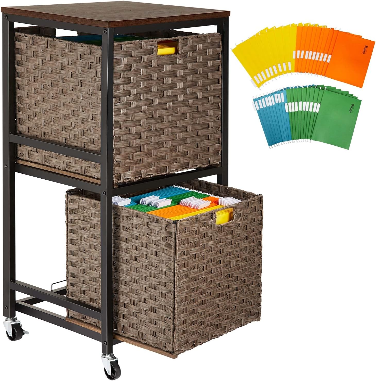 Greenstell File Cabinet with 2 Storage Baskets & 40 Hanging File Folders, 2-Tier Rolling Lateral File Cabinet with Wood Top, Home Office File Cubby for Legal/Letter/A4 File, Easy to Assemble, Black
