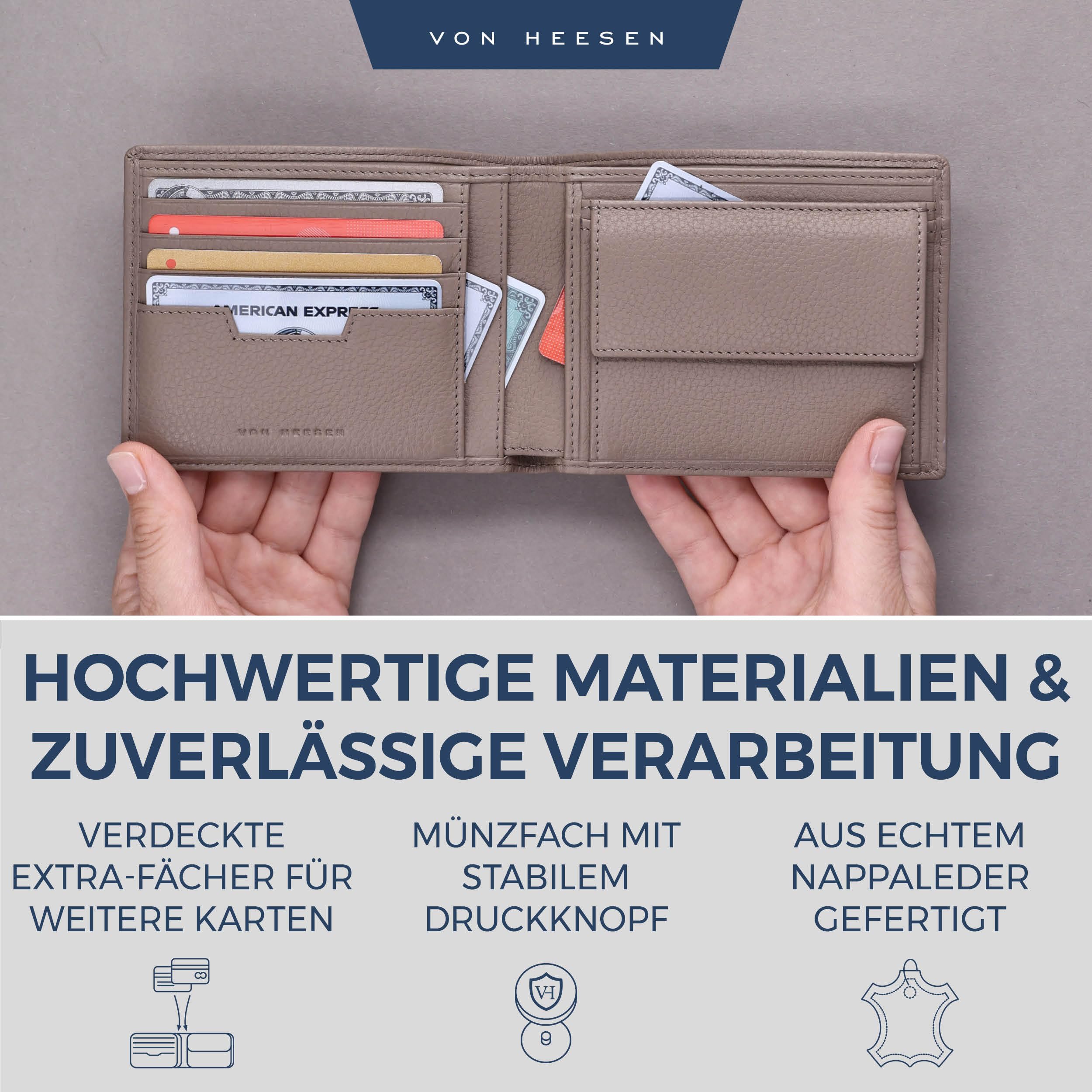 VON HEESEN Leder Geldbörse RFID Schutz I Echtleder Geldbeutel für Damen & Herren I Portemonnaie Brieftasche Wallet Portmonee (Taupe) 4