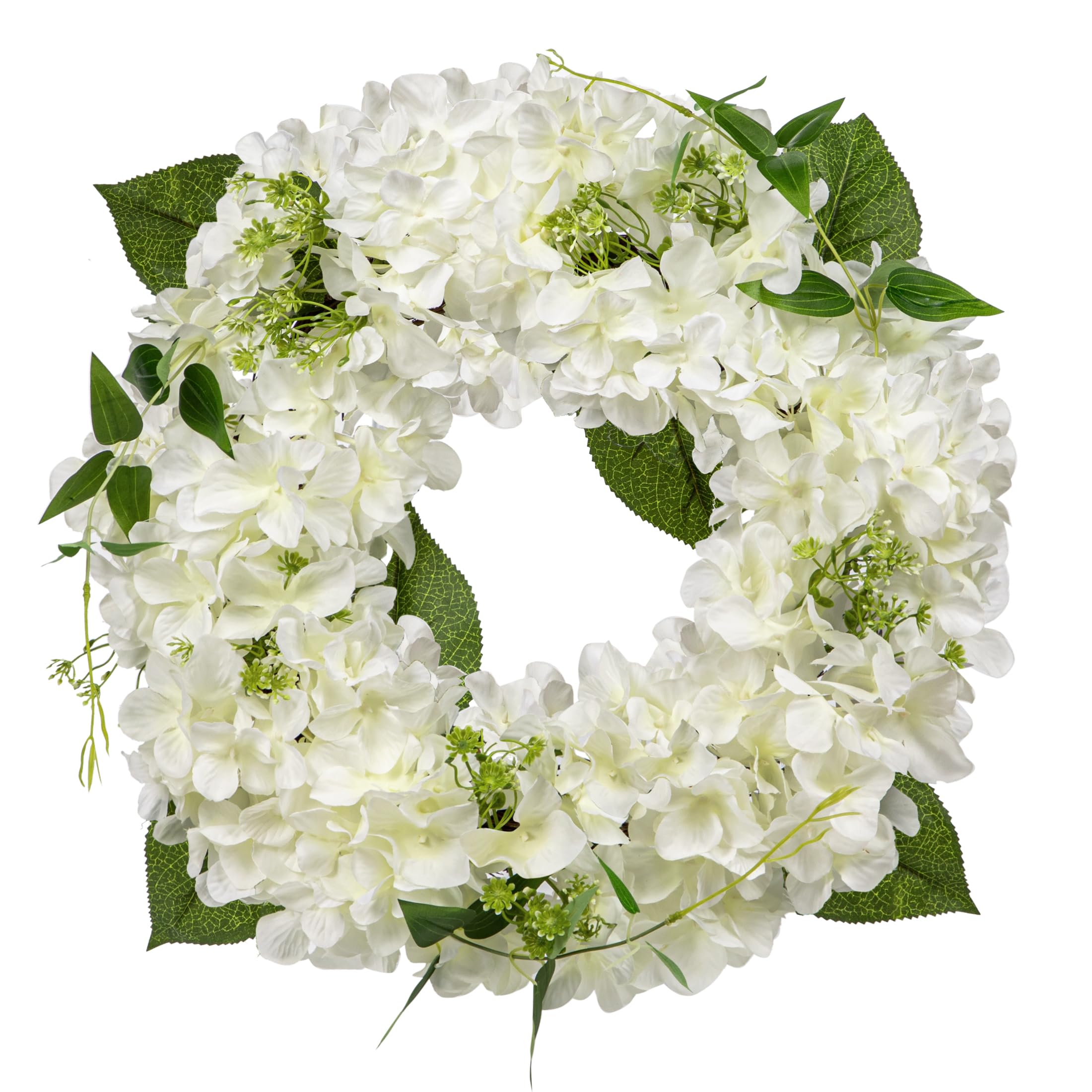 Hollyone 16'' Artificial Hydrangea Wreath - White Fake Flower Wreath, Faux Hydrangeas for Front Door, Floral Arrangements for Mantel, Kitchen, Farmhouse, Wall Decor — image 1