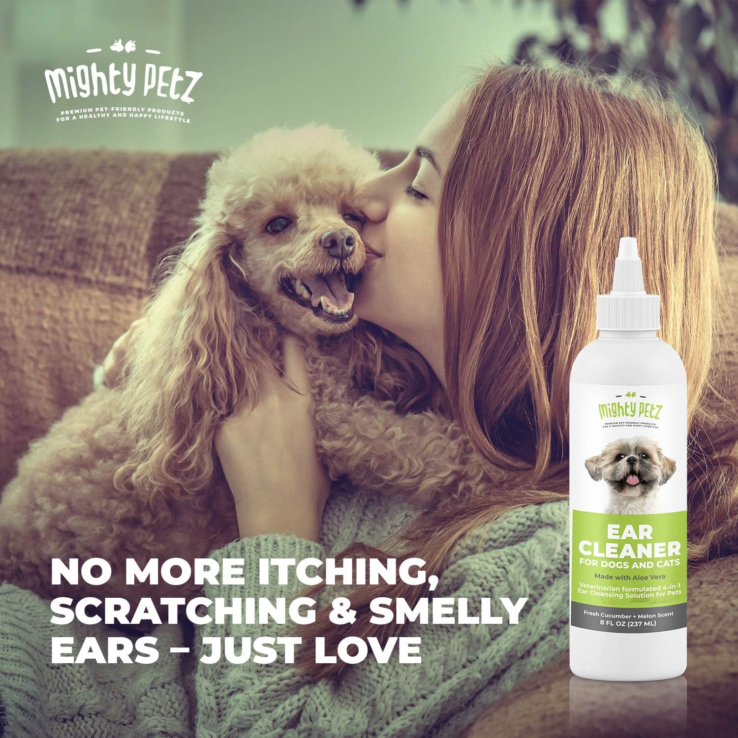 4-in-1 Dog Ear Cleaner – Vet Formulated Cleansing Solution + Aloe Vera for Removing Wax, Debris & Odor in Pets. Supports Infection Prone Ears & Reduces Head Shaking. Fresh Cucumber and Melon, 8 oz : Pet Supplies