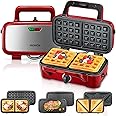 FOHERE Waffle Maker 3 in 1 Sandwich Maker 1200W Panini Press With Removable Plates and 5-gear Temperature Control, Non-stick Coating Easy to Clean,Indicator Lights, Red