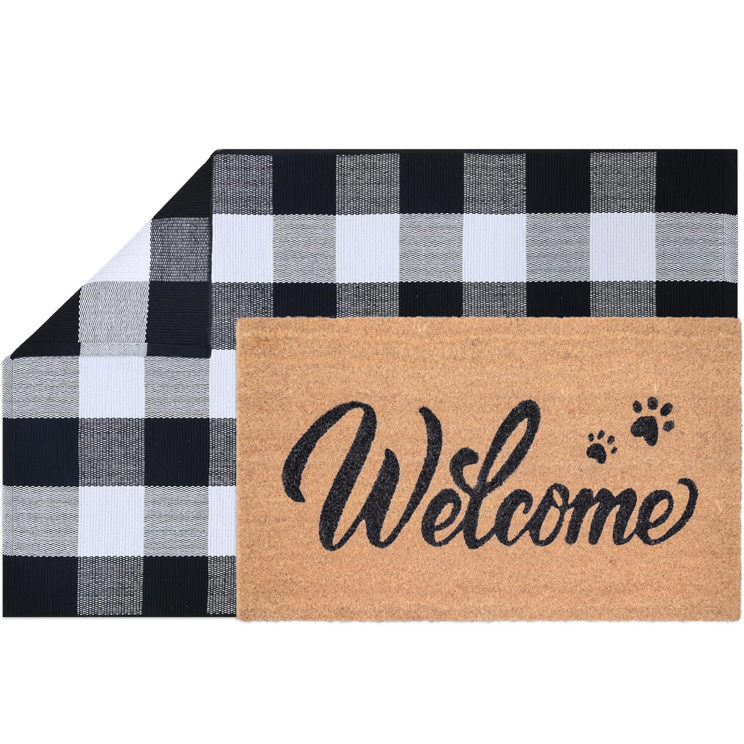 Fallovea Welcome Front Door Mats Combo Set, 100% Coco Coir Doormat with Welcome & Cute Pet Paw Prints + 28" x 43" Black and White Plaid Rug, Spring Front Porch Entryway Decor Indoor Outdoor Floor Mats - Image 9