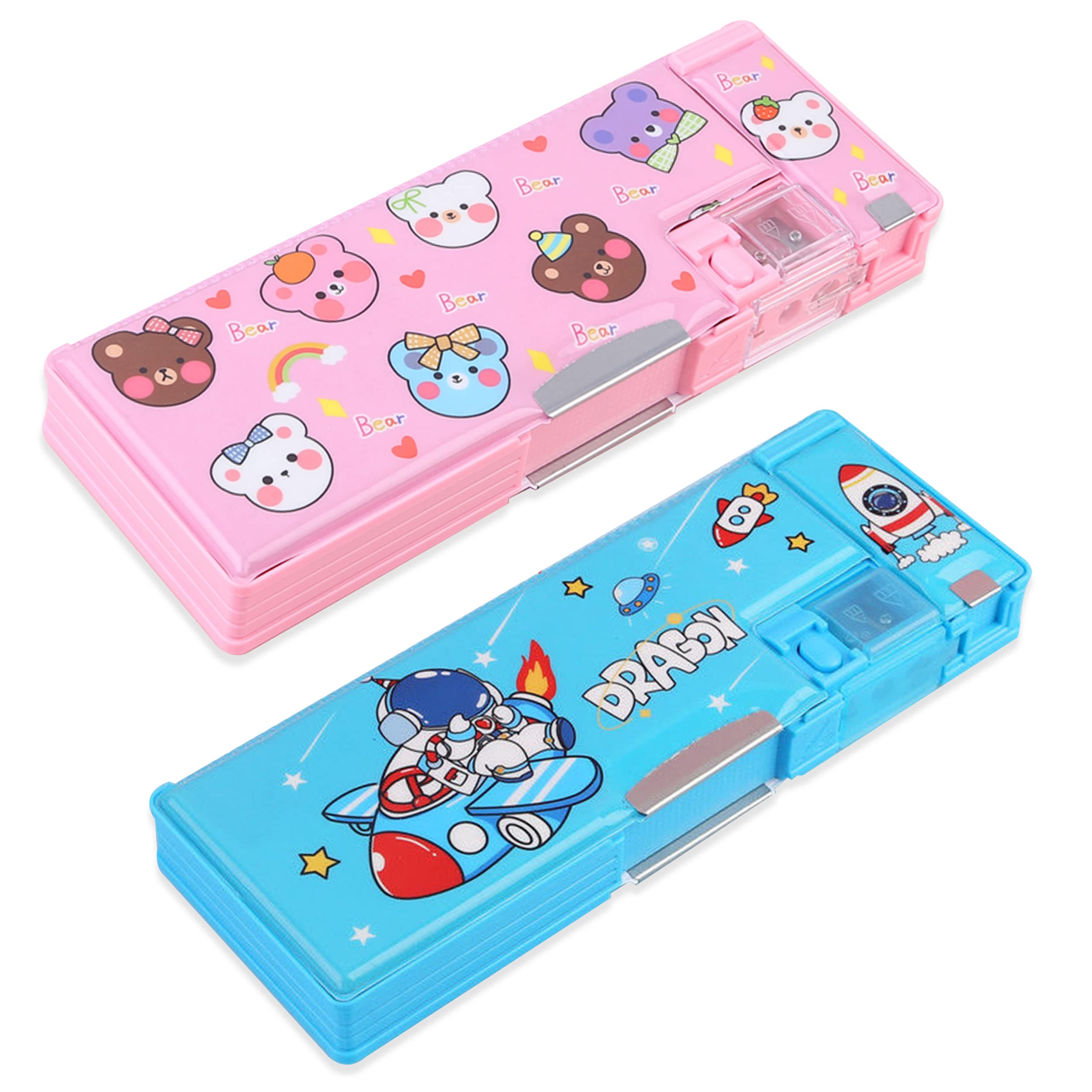 Photo 1 of ?2Pack?Pop Up Multi function Pencil Case for Girls and Boys, Cute Cartoon Pen Box Organizer Stationery with Sharpener, Schedule, Best Birthday Gifts for Kids(Bear+Blue Space)