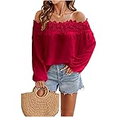 SweatyRocks Women's Off The Shoulder Lace Blouse Long Sleeve Casual Shirts Vacation Tops