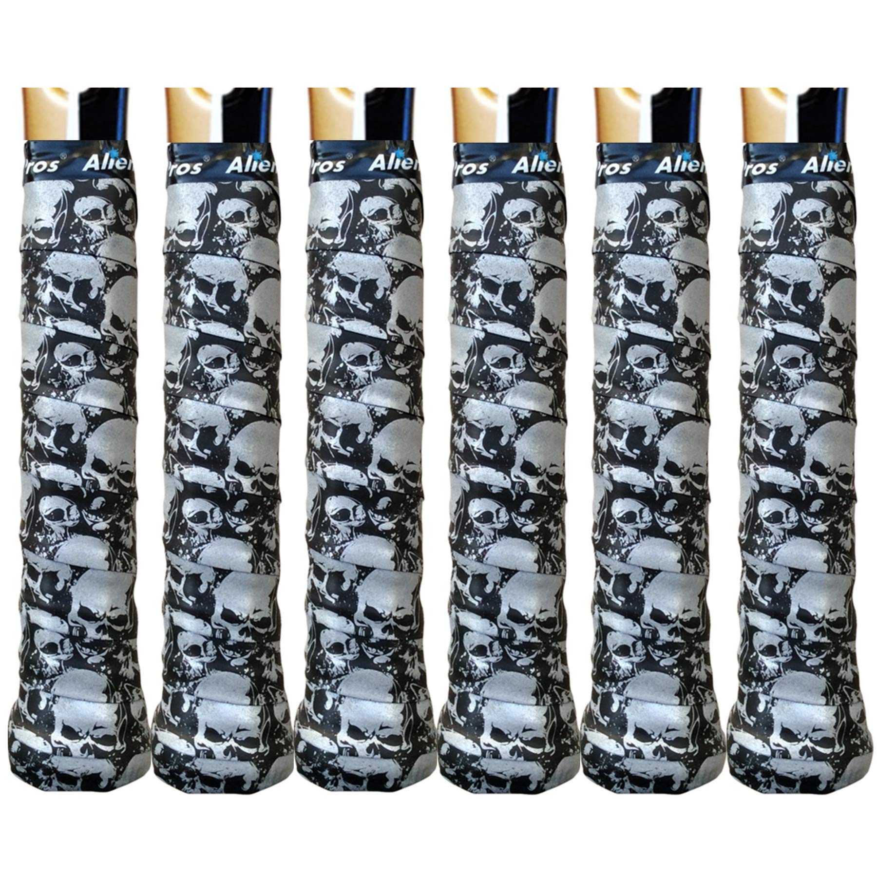 Alien Pros Tennis Racket Grip Tape (6 Grips) – Tac Moisture Feel Tennis Grip – Tennis Overgrip Grip Tape Tennis Racket – Wrap Your Racquet for High Performance (6 Grips, Skull)