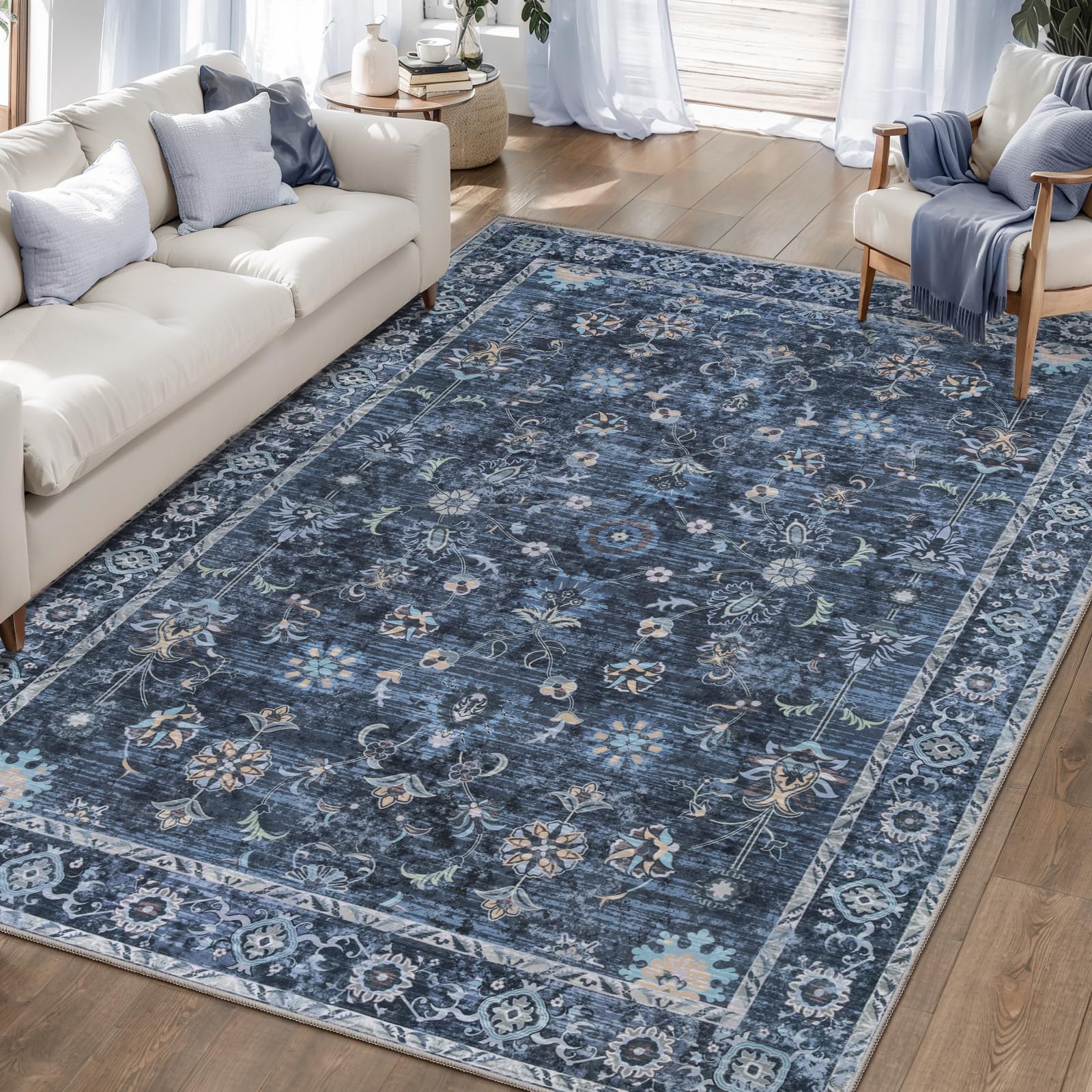 Photo 1 of Tangsoo 5x7 Blue Area Rug for Bedroom Living Room, Washable Vintage Floral Rug Non Slip, Low Pile Stain Resistance Distressed Retro Indoor Boho Carpet for Laundry Farmhouse Dinning Room Mat Home Decor