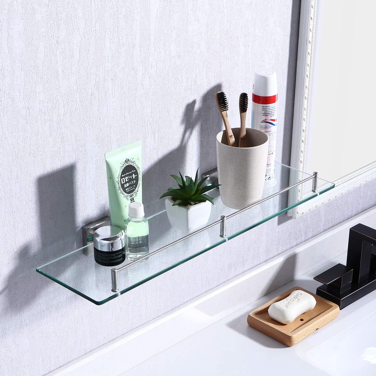 KES Bathroom Glass Shelf 1 Tier Shower Caddy Bath Basket Stainless Steel RUSTPROOF Wall Mount NO Drilling Brushed Finish, A2420ADG-2 - - 