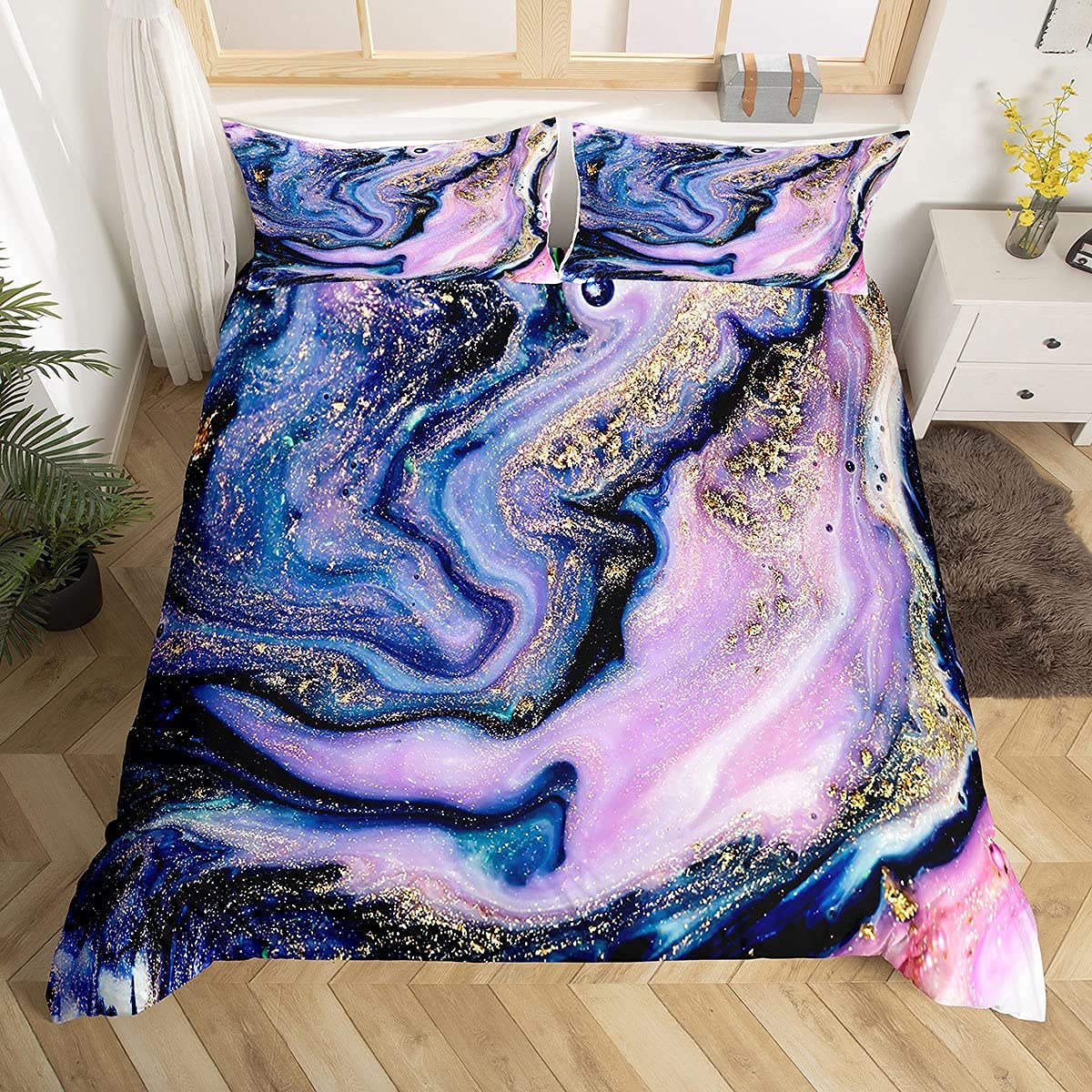 Loussiesd Marble Bedding Set Purple Gold Marble Printed Duvet Cover Set Modern Marble Pattern Comforter Cover for Kids Women Adults 3Pcs Bedspread Cover with 1 Duvet Cover Super King