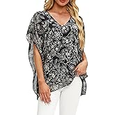 Ckikiou Summer Flowing Flounce Sleeve Chiffon Lined Blouse for Women Loose V Neck Floral Print Double Layered Shirt Top