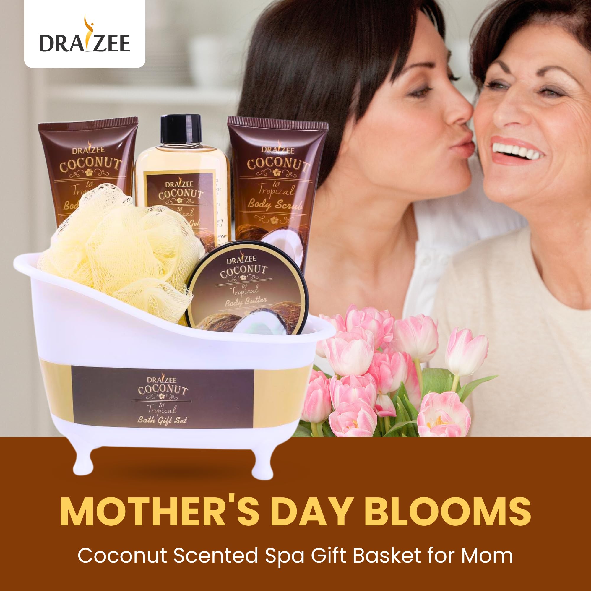 Draizee Luxury 5 Pcs Draizee Coconut Scented Spa Gift Basket for Women Bath & Body Set Lotion, Scrub & Butter, Shower Gel & Puff, Self Care Gifts for Mom