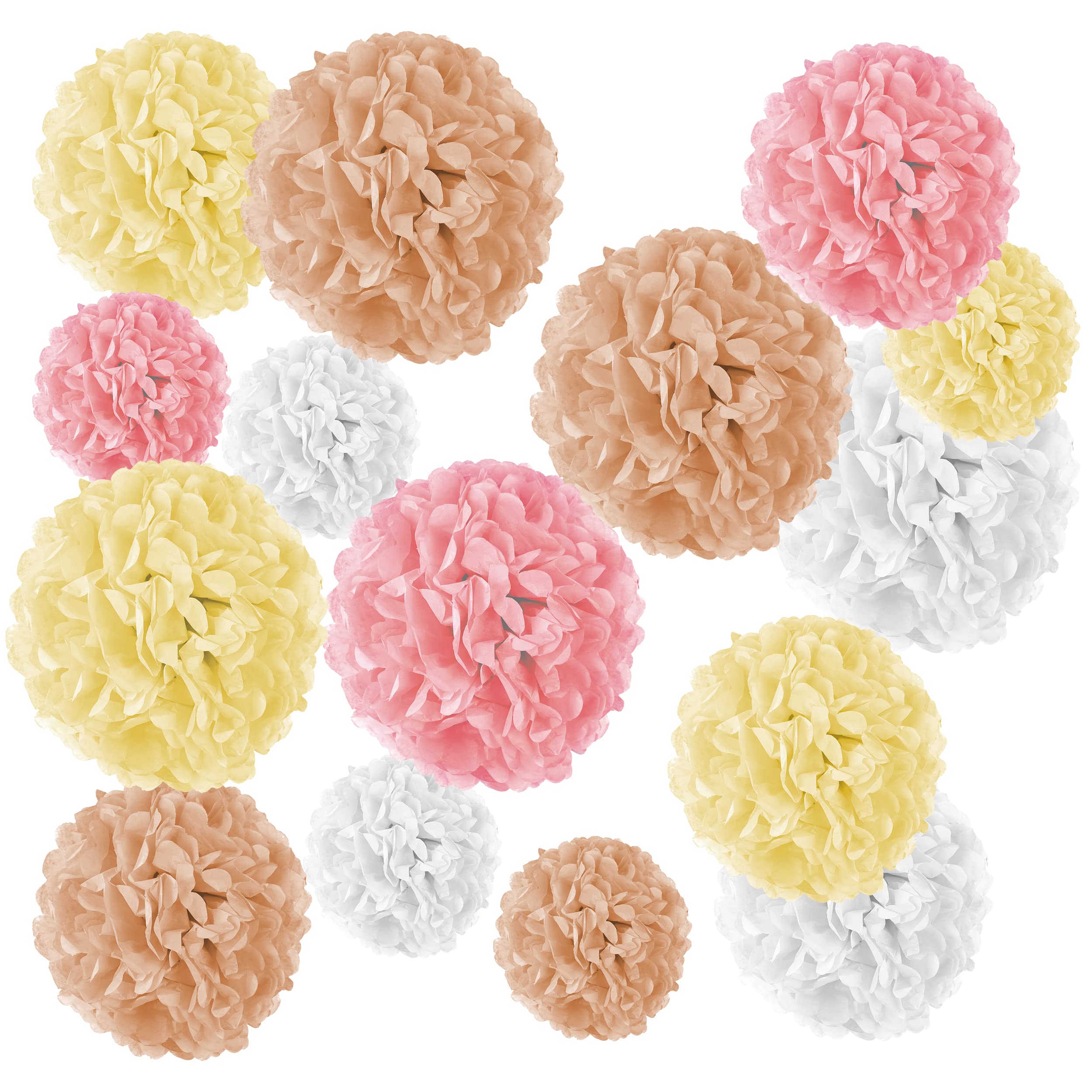 Set of 15 tissue paper pompoms, including satin ribbons (each 1.20 m) including gift packaging, with German video craft instructions (white-yellow-apricot-pink).