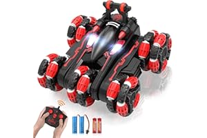 Eulogia Remote Control Car, RC Stunt Control Car 360° Upright & Side Rotating, 4WD All Terrain Truck with Two 1200mAh Rechargeable Batteries for 1.5H, Birthday Present for 5-12 Boys (Black-red)