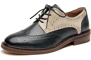 BEAU TODAY Oxford Shoes for Women,Leather Brogue Dress Shoes,Comfort Brethable Ladies Lace-up Handmade Wingtip Shoes for Business Work Black-White-New US 5.5