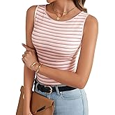 Rooscier Women's Striped Ribbed Knit Sleeveless Crew Neck Slim Fit Fashion Cami Tank Top