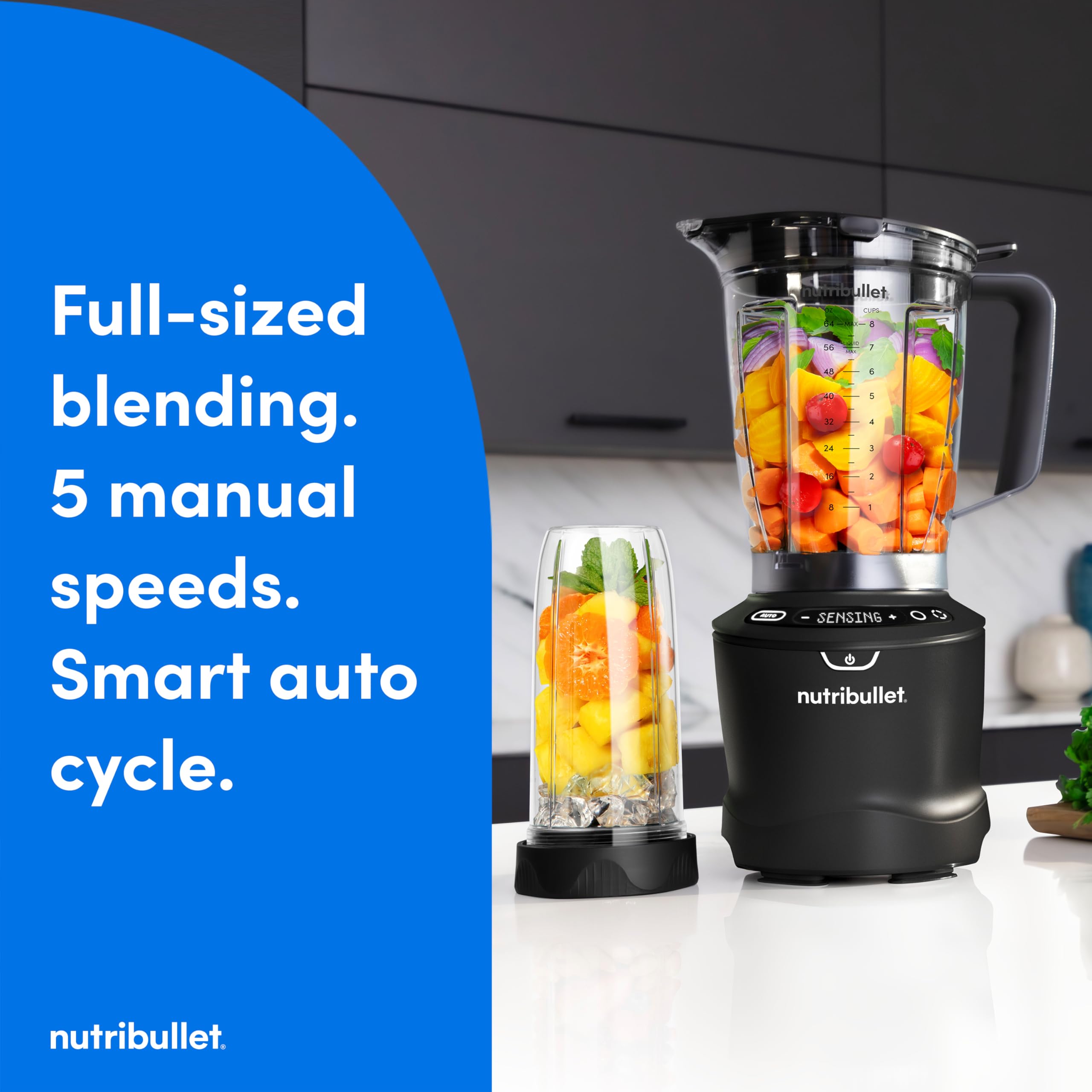 Combo de licuadora nutribullet® SmartSense, 1400 W, jarra de 64 oz, tazas de 32 oz y 24 oz, 5 velocidades, batidos, hielo y fruta congelada, leche de nueces, sopa, negro mate, NBF50700AK