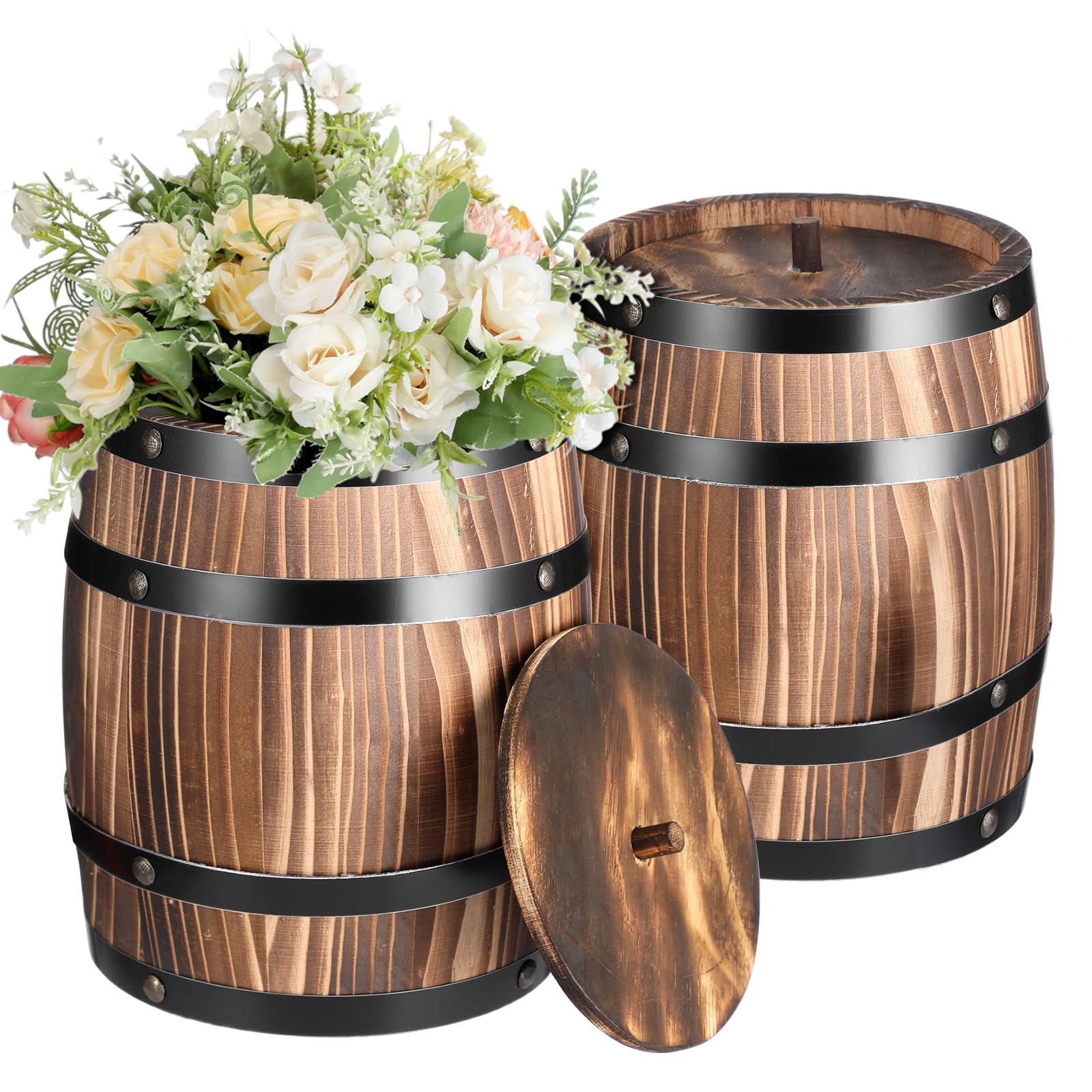 GlikCeil 2 Pcs Wood Wine Barrel Vase 8" x 6.5" Vintage Flower Vase