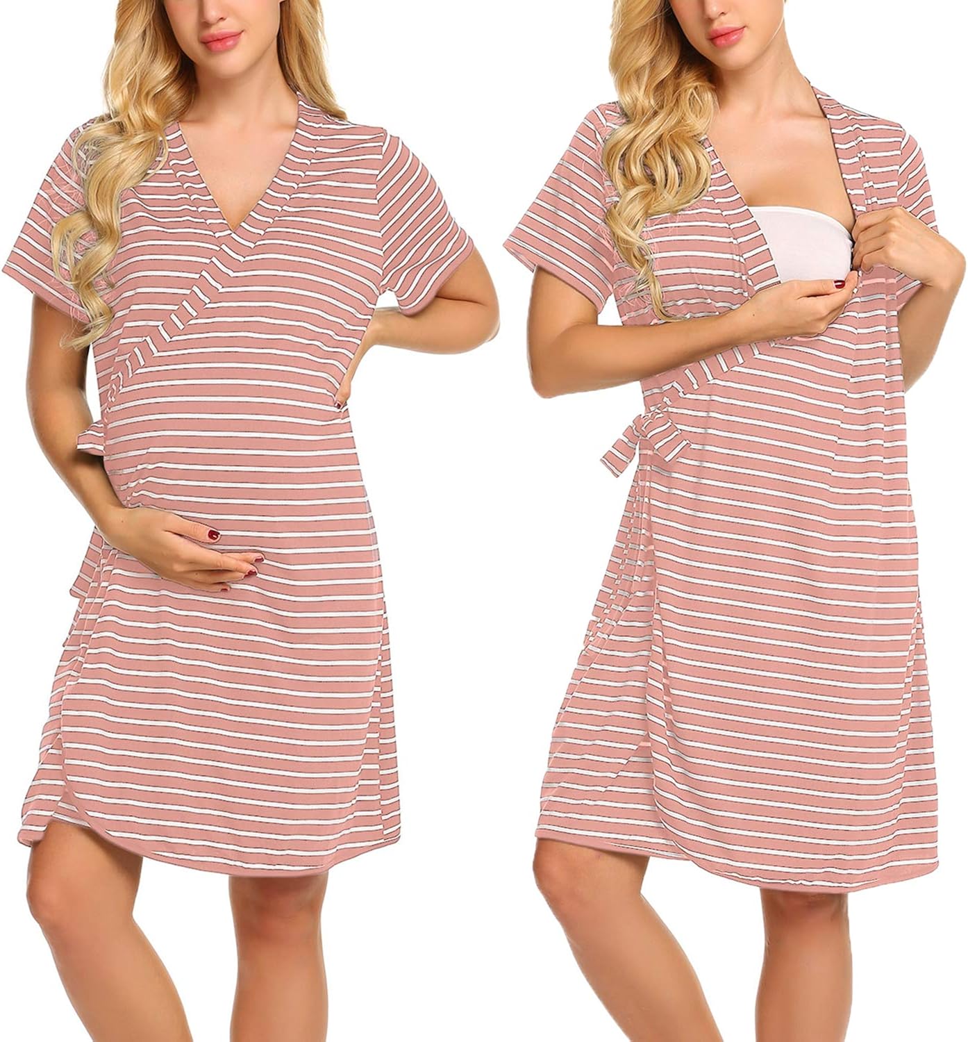 Ekouaer Striped Maternity Robe, Pregnant Short Sleeve Labor Delivery Nursing Hospital Gowns S-XXL