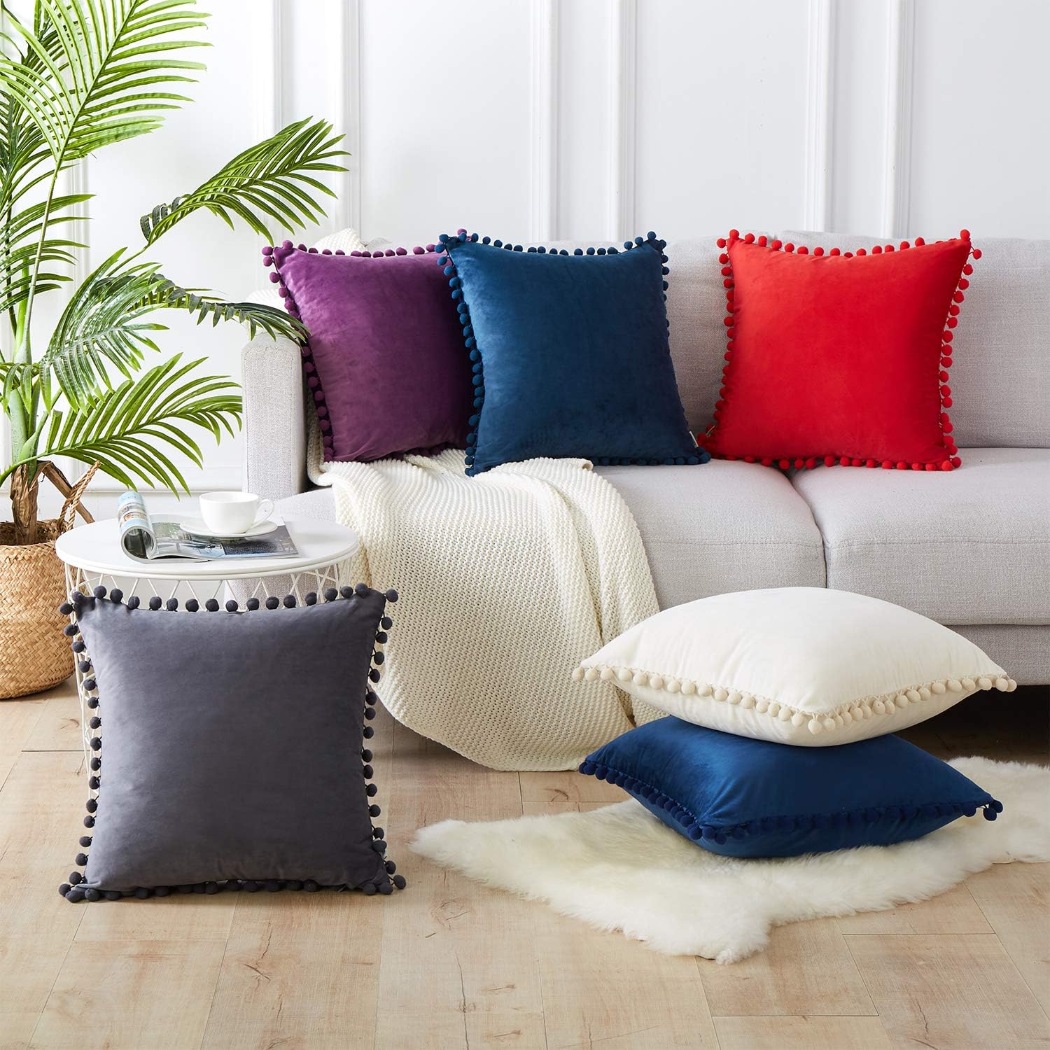 Top Finel Square Decorative Throw Pillow Covers Soft Velvet Outdoor Cushion Covers 18 X 18 with Balls for Sofa Bed, Set of 2, Cream: Home & Kitchen