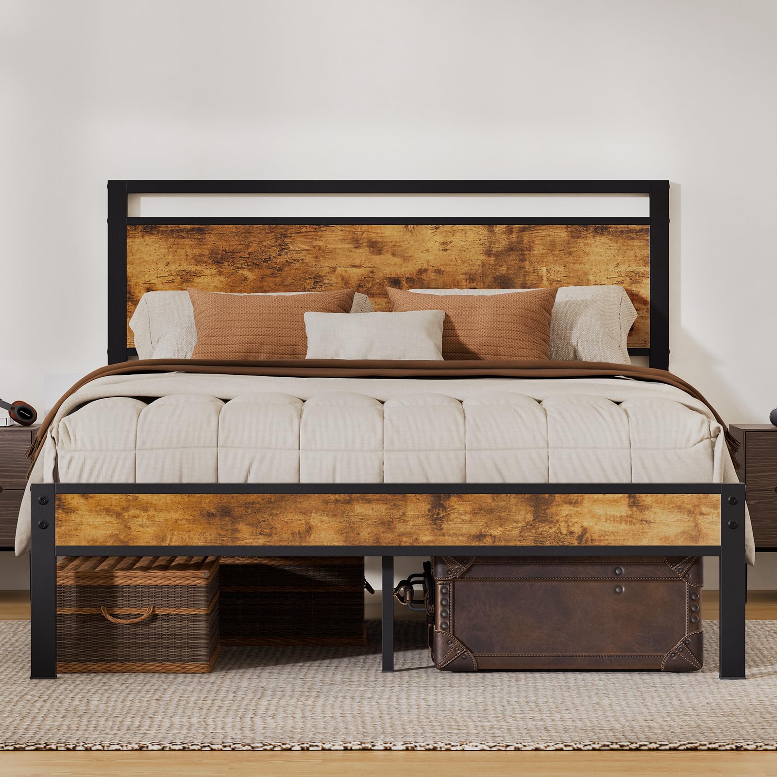 Photo 1 of ***SIMILAR IMAGE***Z-hom Queen Bed Frame with Modern Wood Headboard & Footboard, Upgraded Heavy Duty Metal Sturdy Bed Frame Queen Size, Stable Platform Bed Furniture Bed Storage, No Noise, No Box Springs, Vintage Brown