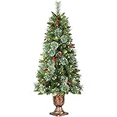 4ft Pre-lit Christmas Tree,Potted Artificial Pine Xmas Tree 226 Branches Tips,Decorated with 100 LED White Lights & 15 Red Berries & 10 Pinecone for Home or Office