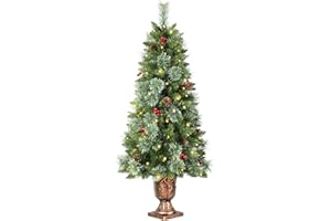 SZCXTOP 4ft Pre-lit Christmas Tree,Potted Artificial Pine Xmas Tree 226 Branches Tips,Decorated with 100 LED White Lights & 15 Red Berries & 10 Pinecone for Home or Office