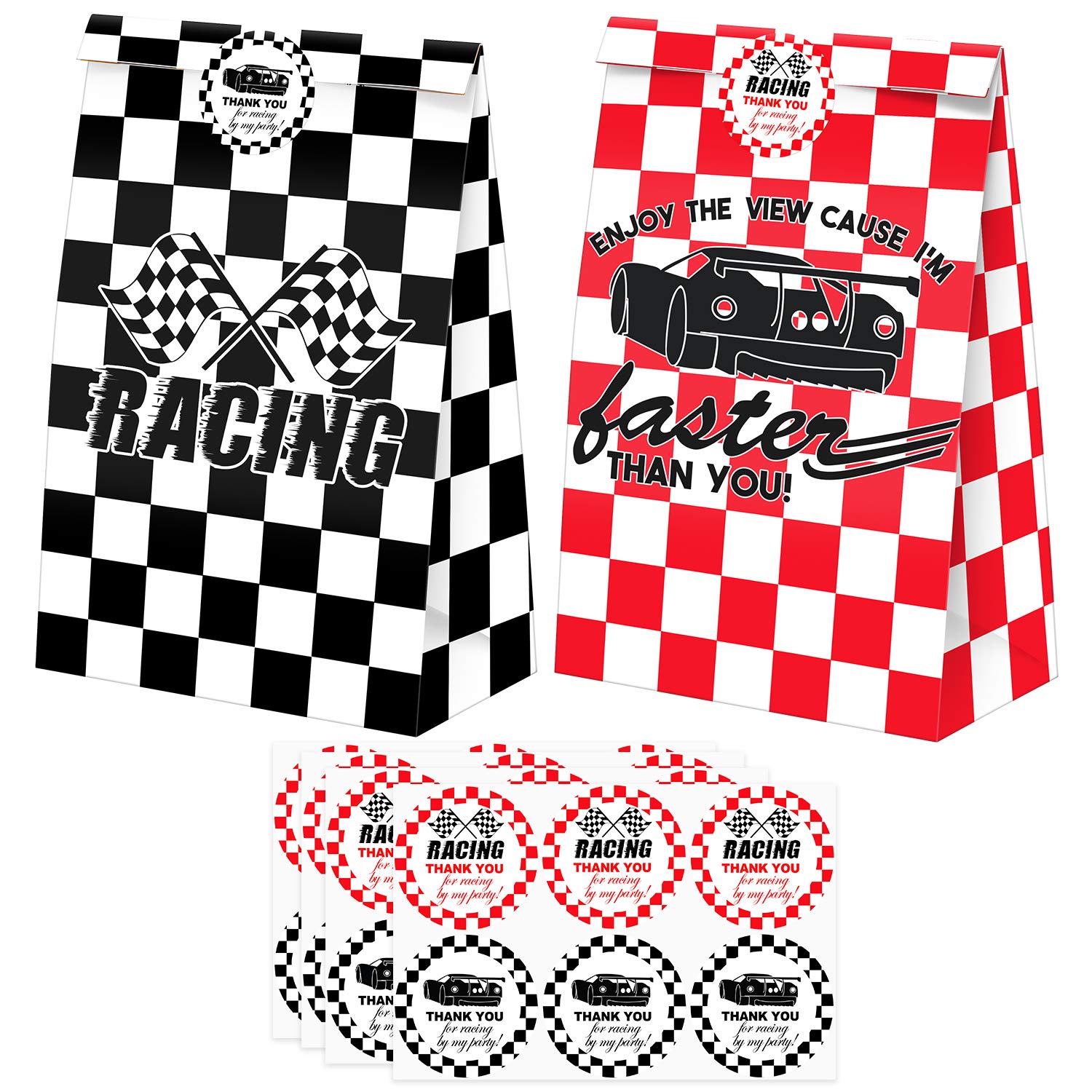 Photo 1 of 24 Pack Race Car Party Candy Favor Bags with Stickers, Race Car Goodie Gift Treat Bags Race Car Themed Birthday Party Supplies