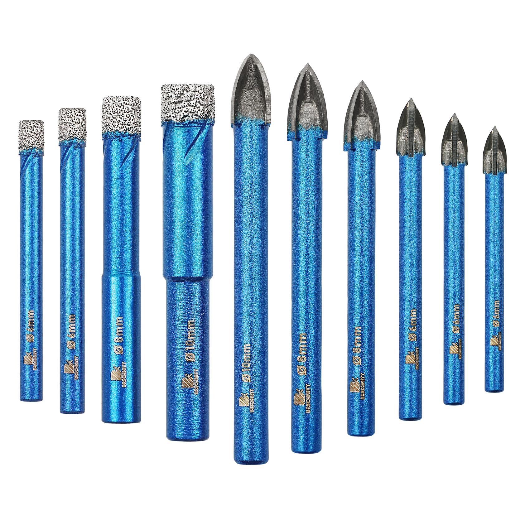 Dry Diamond Drill Bit Set,BRSCHNITT 10pcs/pack 1/4"*2+5/16"+3/8"Diamond Hole Saw&1/4 * 3+5/16 * 3+3/8" Carbide drill bits Round Shank for Porcelain Tile Ceramic Stone Granite Marble,Dry Drilling