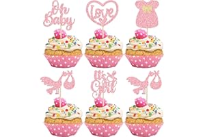 Gyufise 30Pcs Baby Shower Oh Baby Cupcake Toppers It's a Girl Cupcake Picks Glitter Bow Dress Love Heart Cake Picks Decorations for Gender Reveal Baby Shower Girls Birthday Party Supplies Pink