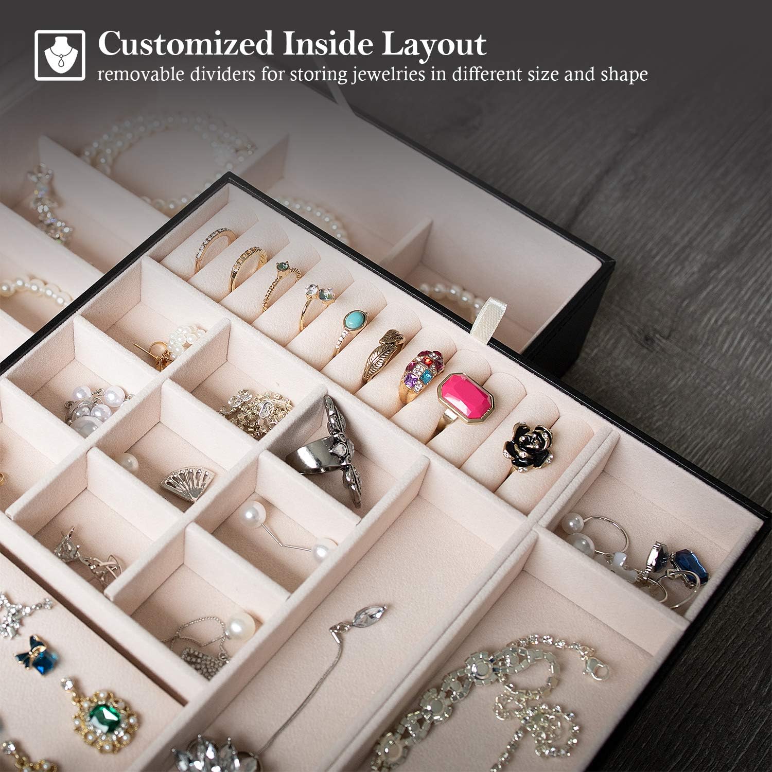 ProCase Jewelry Box for Women Girls, Large Leather Jewelry Organizer Storage Case with Two Layers Display for Earrings Bracelets Rings Watches -Black: Clothing