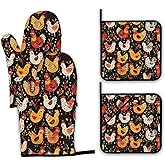 Colorful Rooster Oven Mitts and Pot Holders,Cute Chicken Heat Resistant Oven Mitts Gloves and Pot Holder for Home Kitchen Decorations Cooking Baking BBQ Gifts,Set of 4