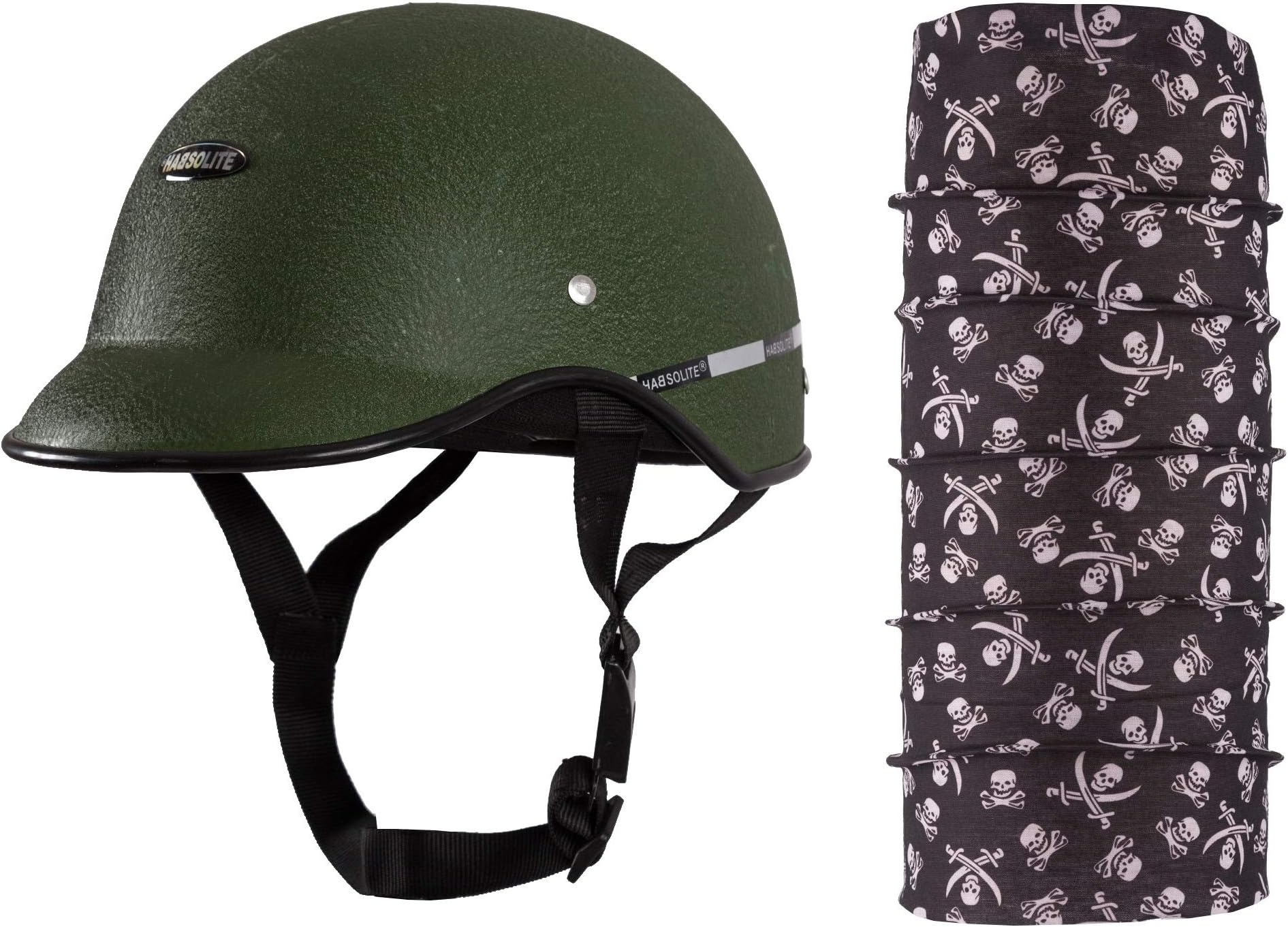 Habsolite Autofy All Purpose Safety Helmet with Strap for Bikes (Green, Free Size) and Autofy Pirate Skull Print Lycra Headwrap Bandana for Bikes (Black and White, Free Size) Combo