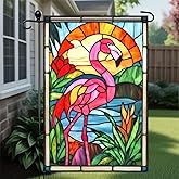 HOMETITUTE Welcome Summer Garden Flag Tropical Flamingo Stained Glass Garden Flag 12x18 Inch Double Sided Colorful Art Outdoor Yard Lawn Porch Patio Decor Banner