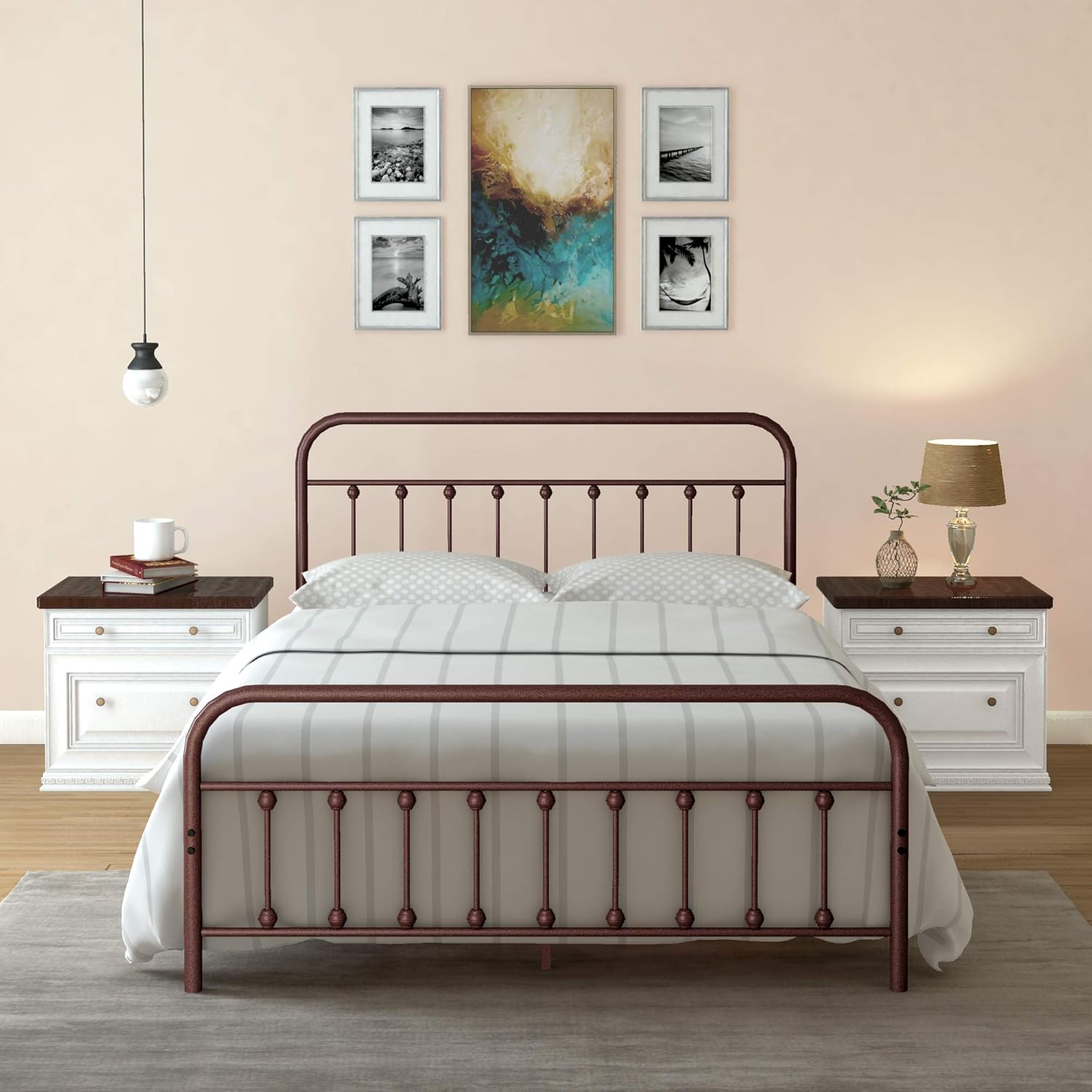 Amazon Com Ambee21 Vintage Queen Metal Bed Frame With Headboard And Footboard Platform Wrought Iron Heavy Duty Solid Sturdy Metal Slat Rustic Brown No Box Spring Needed Mattress Foundation Furniture Decor