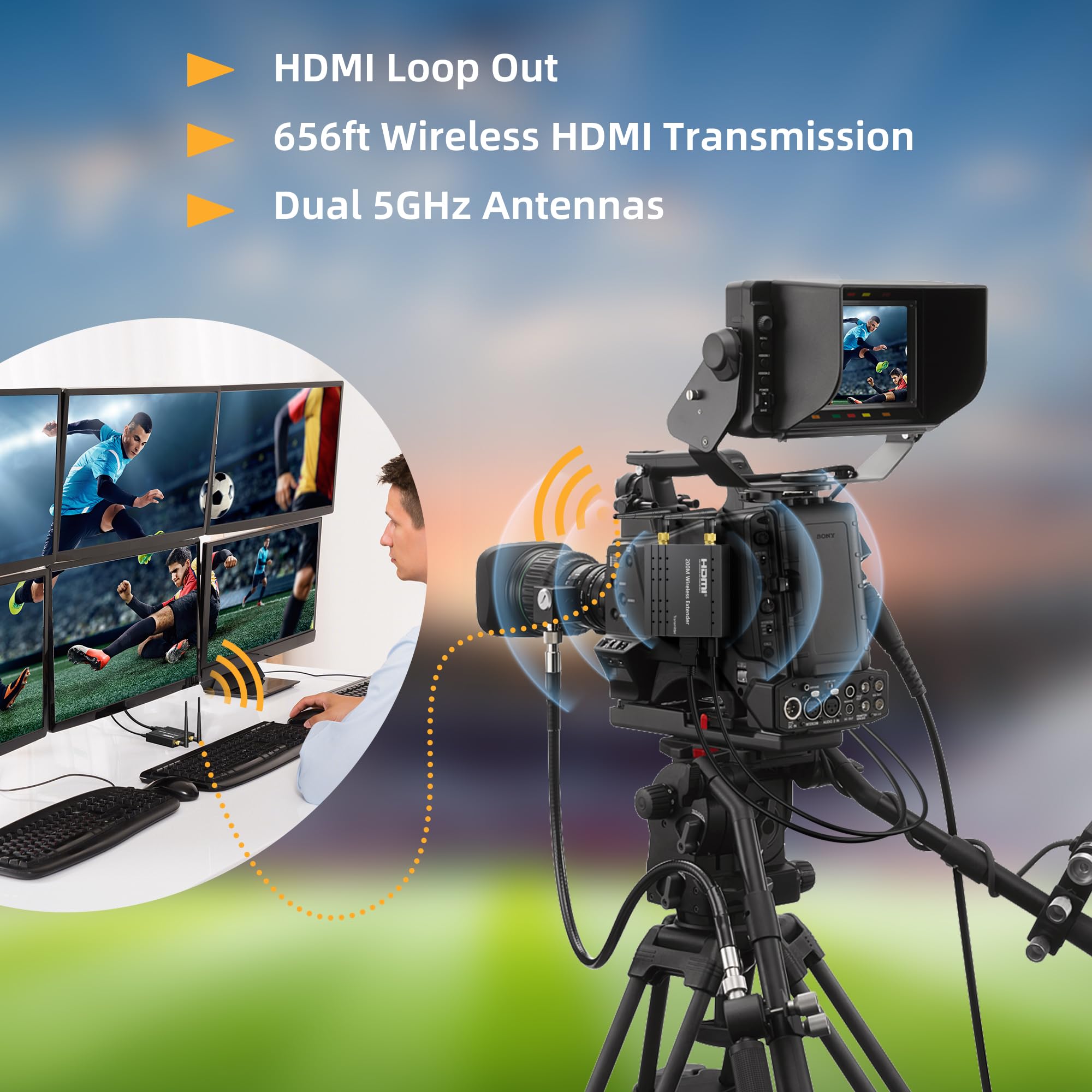 656FT Hdmi Wireless Transmitter and Receiver, 200M Wireless HDMI Extender Long Range with Loop-out, Support 2.4 / 5GHz for Streaming Video/Audio from Laptop,PC, TV Box to HDTV/Projector