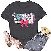 sallrue Teacher Shirts for Women Teach Teaching Tshirts Bow Pencil Shirt Teacher Life Tee Tops