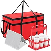 Acellegic Insulated Food Delivery Bag Pizza Cooler Bag with Hard Bottom & Drink Carrier, Thermal Hot Cold Grocery Tote for Food Delivery, Travel, Shopping, and Catering(Red,23 x 15 x 14 Inch)