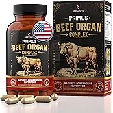 Grass Fed Beef Organ Supplement for Men & Women - PRIMUS Grassfed Beef Liver Capsules with Heart, Ancestral Blend 5 Organ Meat Supplements & BioPerine for Absorption, Vitality, Energy, 180 Pills
