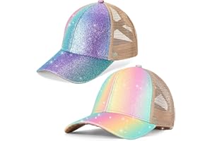 YSEOUL Girls Glitter Baseball Cap Criss Cross Hat, Girl High Ponytail Hat - Kids Trucker Hat with High Bun Messy Ponytail(Ages5-15)