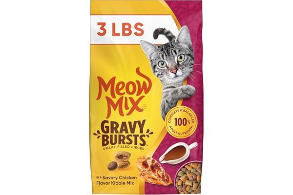 Meow Mix Gravy Bursts Dry Cat Food, 3 lb Bag | Crunchy cat kibble, gravy filled pieces, 100% complete & balanced nutrition for adult cats, high quality protein