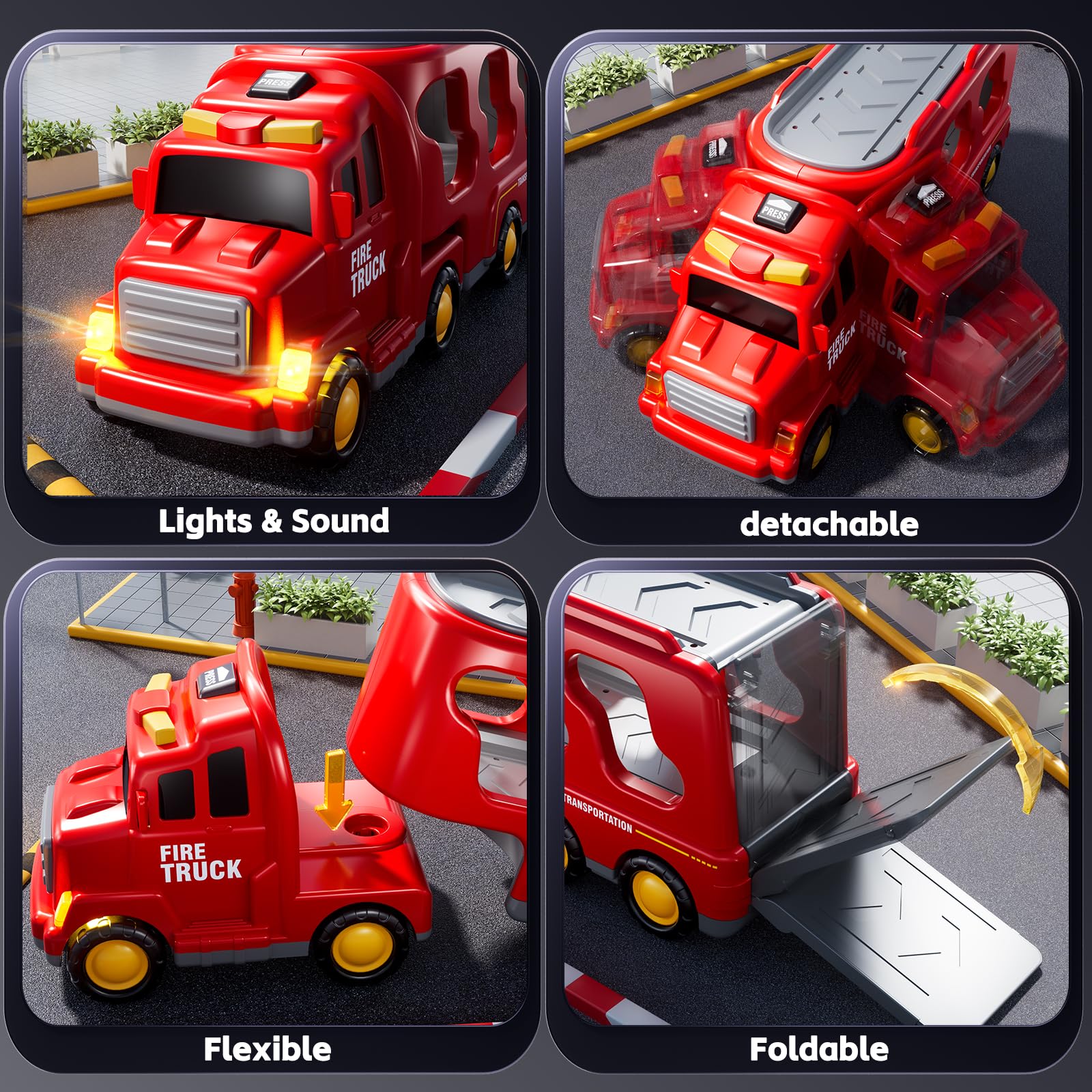 KIZONLY Fire Truck Toys for Toddler 1-3 3-5, 5-in-1 Fire Car Carrier Vehicle Set for Girls 1 2 3 4 5 6 Years Old, Transport Car with Light Sound, Birthdays Gifts for Kids Girls Aged 3-9