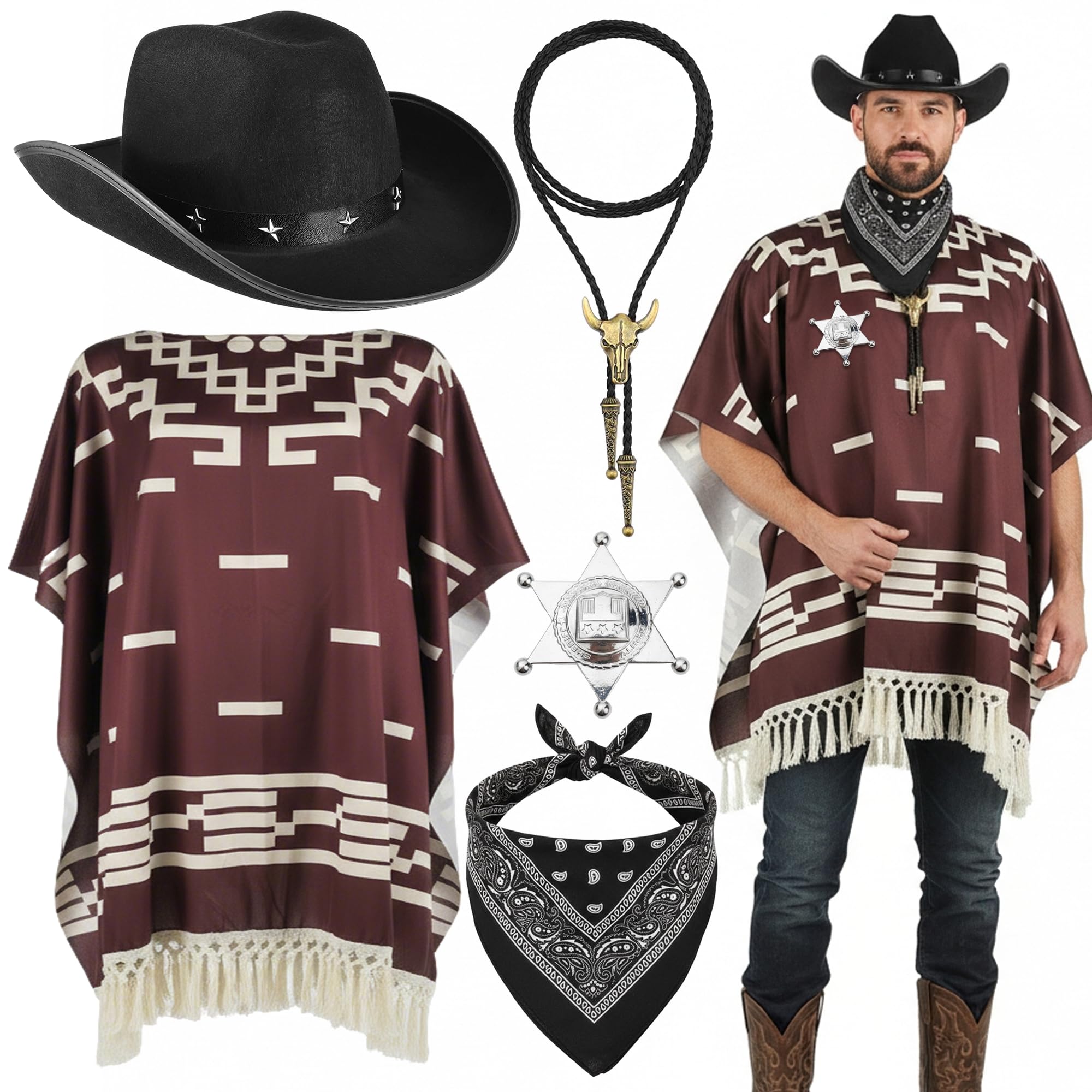 Soireeparty 5Pcs Cowboy Costume Accessories - Black Western Hat Set with Poncho Cape Bandana Necklace and Sheriff Badge, Wild West Fancy Dress Outfit for Men Women Halloween Birthday Carnival
