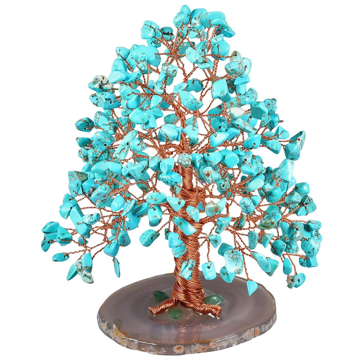 KYEYGWO Handmade Green Howlite Tuoquoise Crystal Money Tree for Good Luck Wealth Health, Figurine Bonsai on Natural Agate Slab 5"-5.9" High