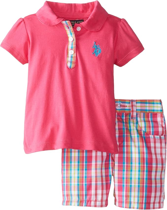 U.S. Polo Assn. Baby Girls' Newborn Jersey Polo Shirt with Plaid Bermuda Shorts