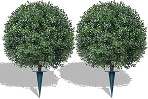 GROOY Artificial 23" Boxwood Topiary Trees with Ground Spike,2 Pieces Fake Pine Shrubs Bushes, UV Resistant Faux Evergreen Cypress Tree Plants for Indoor Outdoor Planters Front Porch