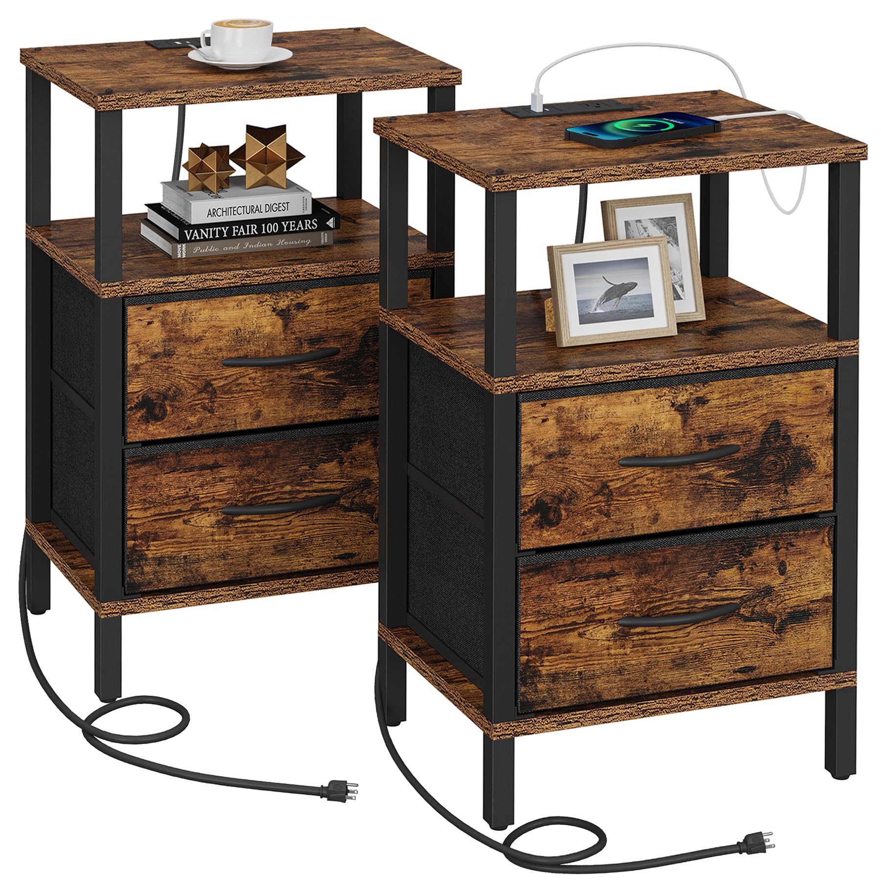 Photo 1 of TUTOTAK End Table with Charging Station, Side Table with 2 USB Ports and Outlets, Nightstand with Cloth Drawer, Set of 2, Couch Table, Brown TB01BB067